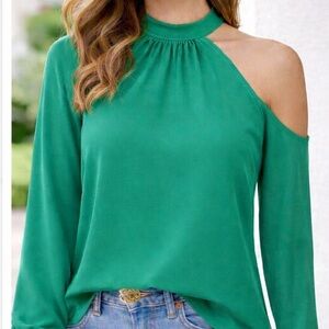 Trina Turk Vibrant Green Cold Shoulder Blouse